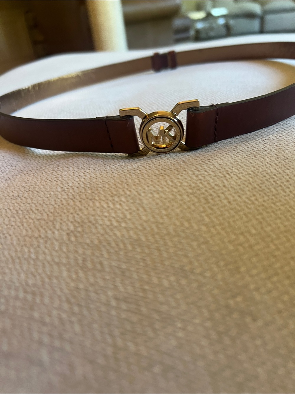 Michael Kors Slim Brown Leather Belt with Gold MK Circle Buckle